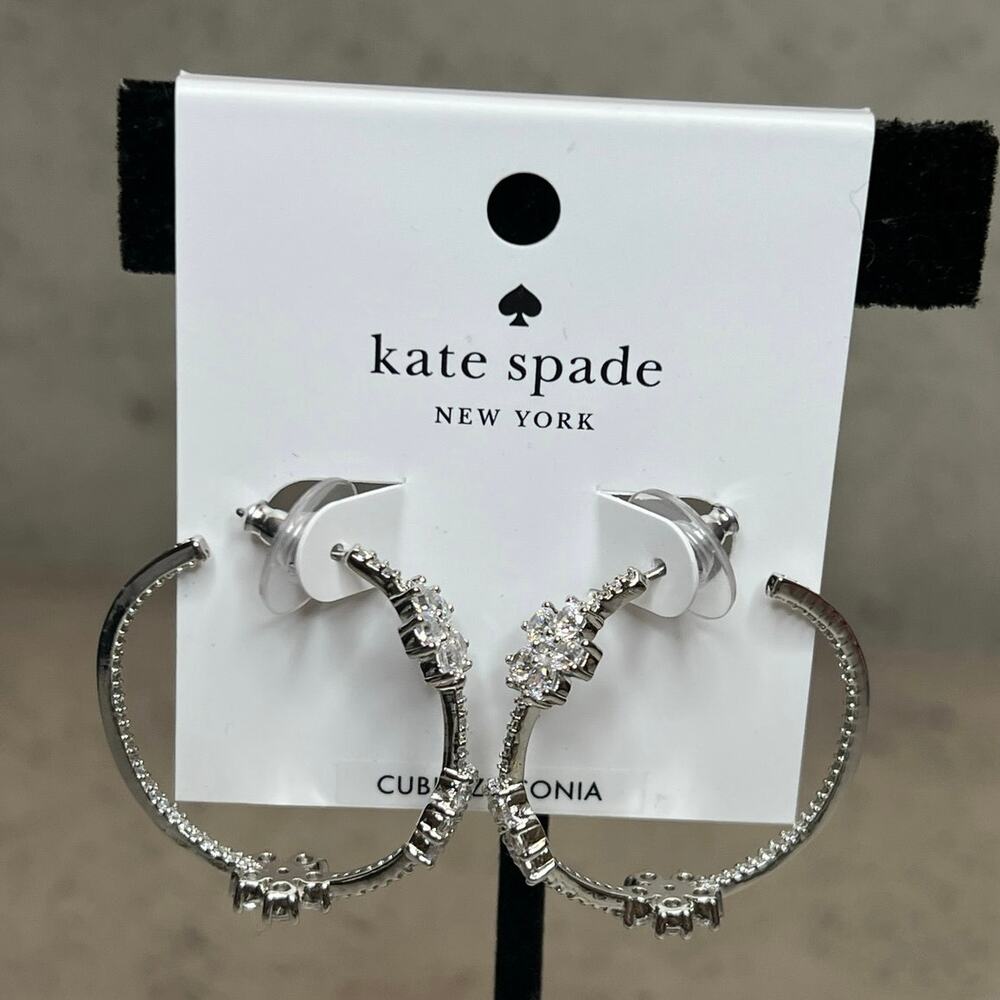 Nwt Kate Spade gleaming garden silvertone rhinestone flower hoops earrings - Picture 1 of 6